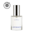 Perfume bottle labeled 'LAYERMOR' with a silver cap on a white background