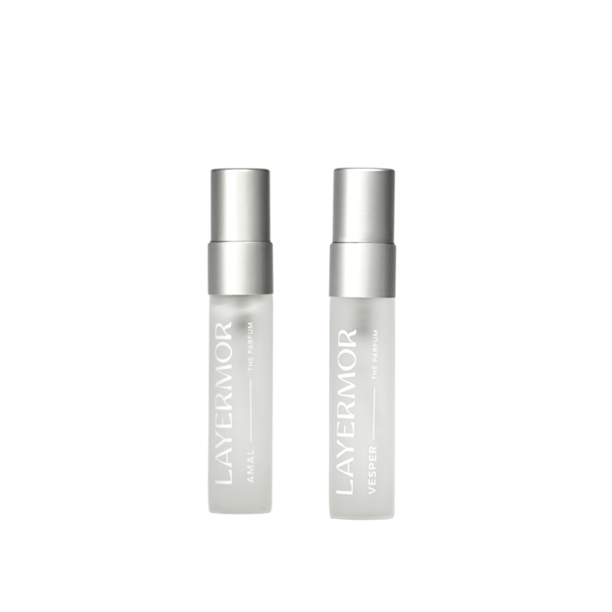 Two LAYERMOR cosmetic bottles, one labeled AMAL and the other VERBIE, standing upright against a plain white background.
