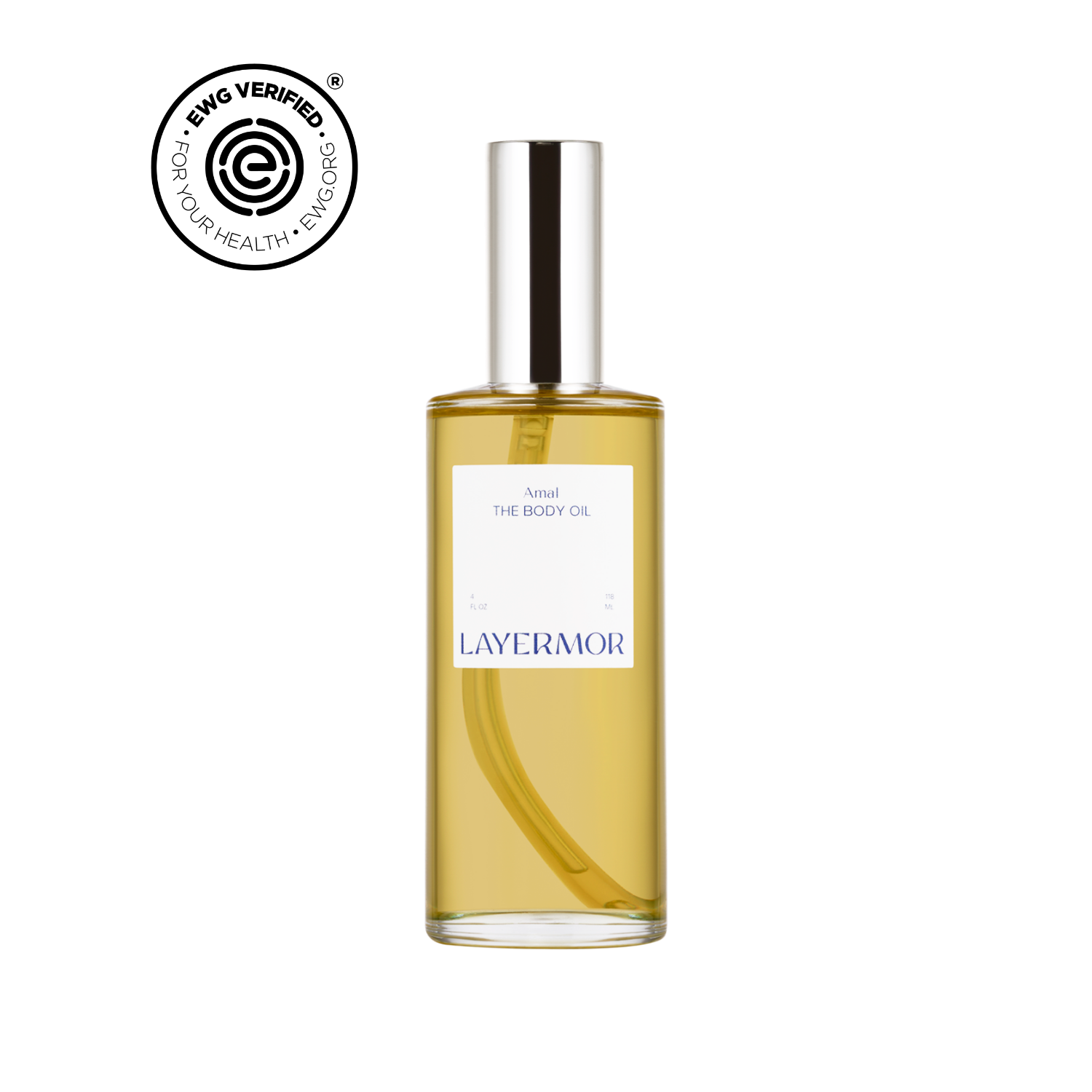 Picture of the body oil in the scent, Amal, with the Ewg-verified logo